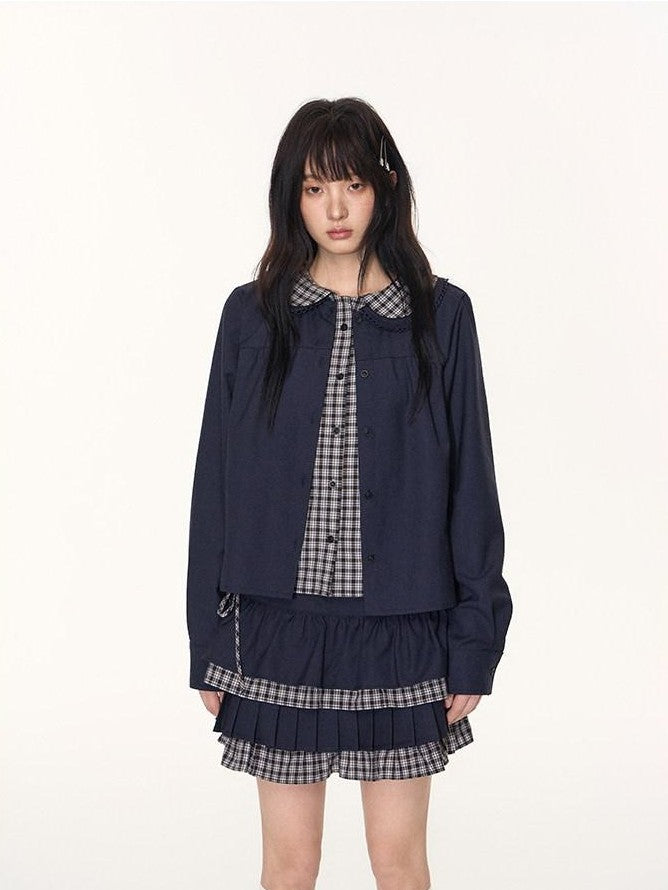 NAPSNAPS Navy Plaid Patchwork Doll Collar Faux Two Piece Women&
