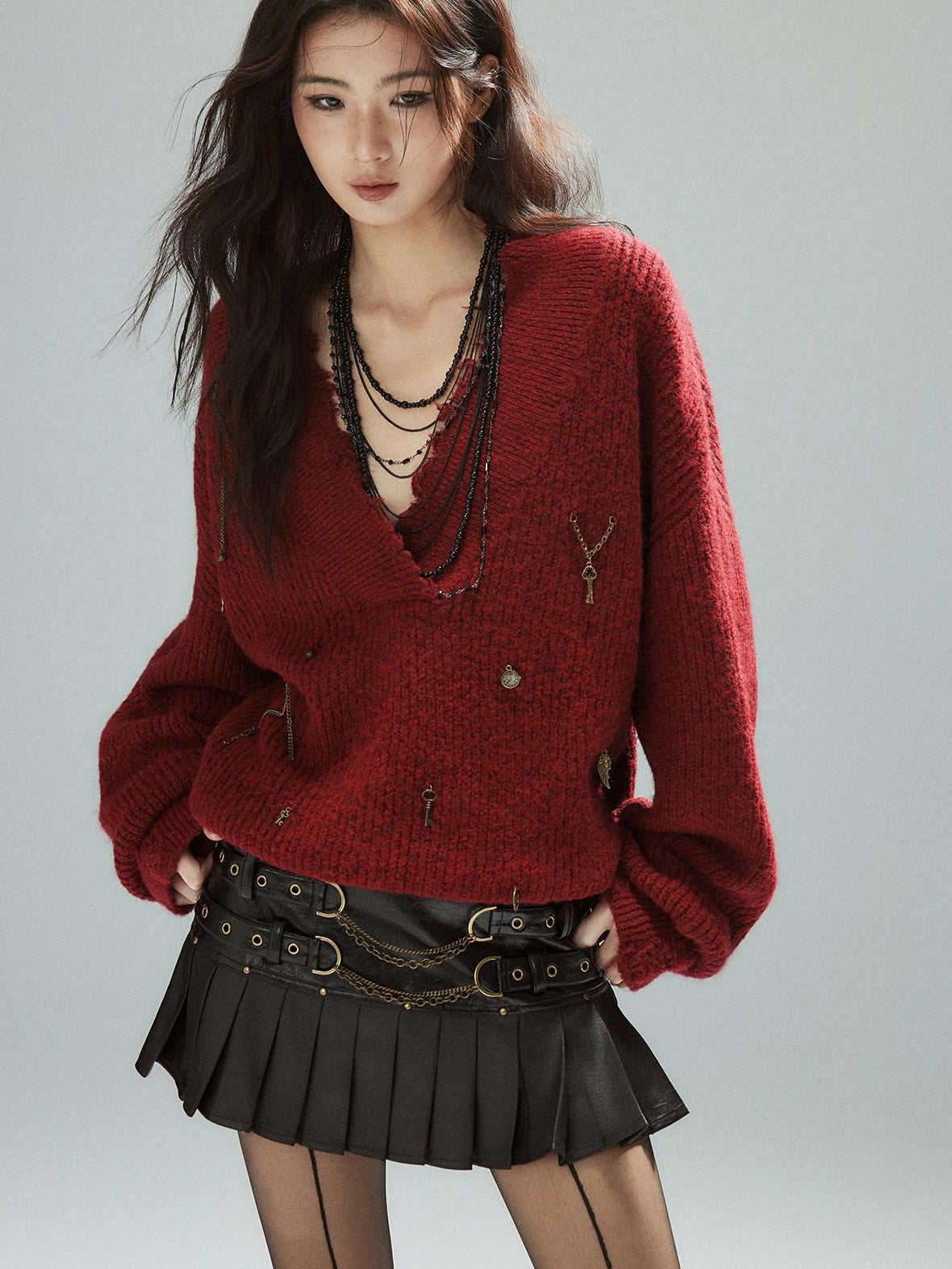 Low pixel Warm Oversized Street Raw Hem Women V-neck Red Pullover Sweaters