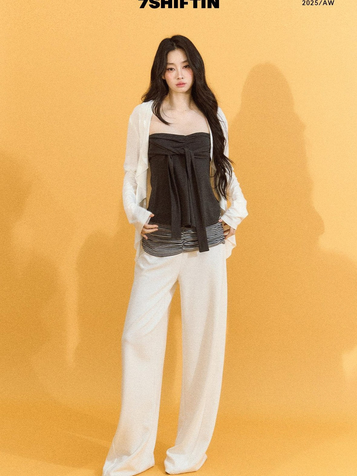 7Shiftin Two Piece V-neck Long Sleeve Casual Layered Set Women White Gray Blouses