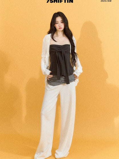 7Shiftin Two Piece V-neck Long Sleeve Casual Layered Set Women White Gray Blouses
