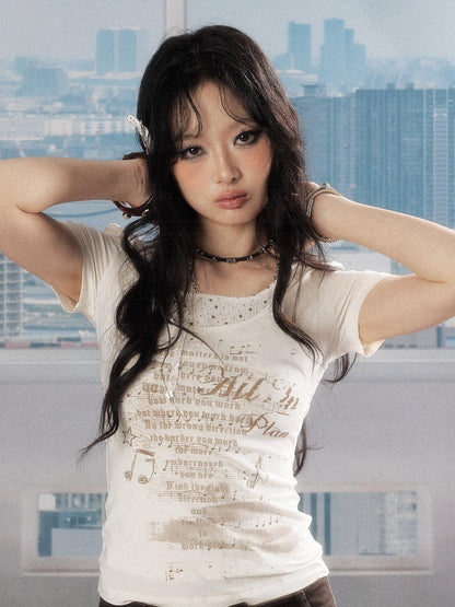ALL iN plan Soft Lyocell Casual Round Neck A Line Sleeve Women Letter Print Offwhite Tshirt