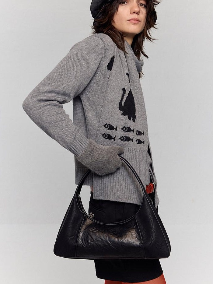 RUN TO THE FUTURE Waxed Leather Soft Handle Vintage Topstitch Medium Zipper Daily Handbags