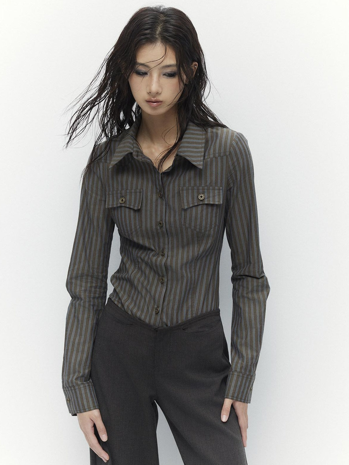 Low pixel Breathable Cotton Vintage Fitted Striped Button Long Sleeve Women Shirts