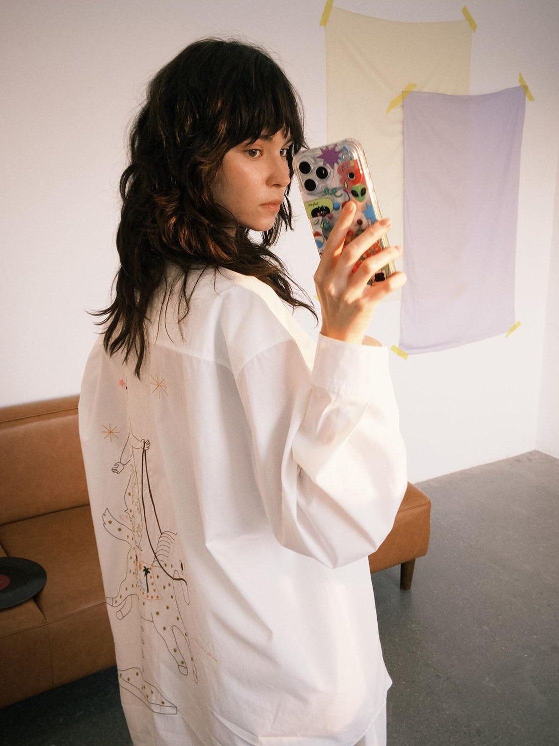 OuttheBlue Soft Lyocell Cotton Loose Mid Length Long Sleeve Embroidered Back Women Blouses