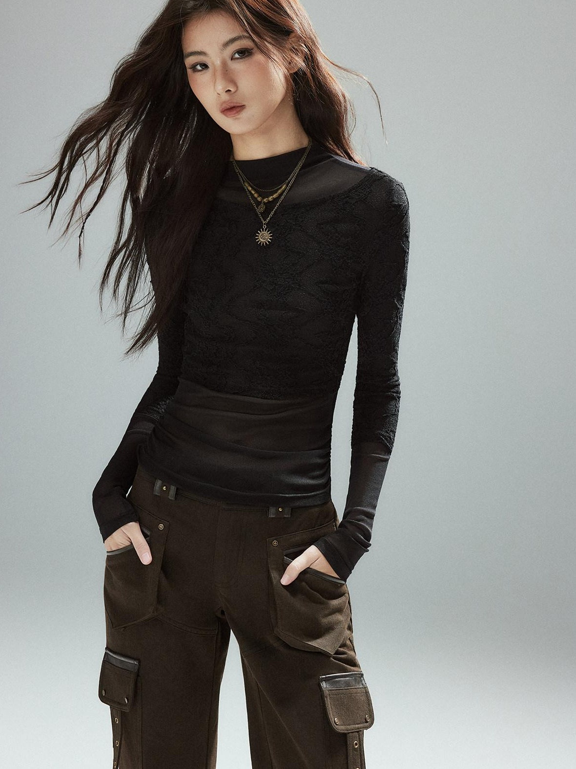 Low pixel Thin Street Slim Fit Faux Two Piece Crew Neck Women Nylon Long Sleeve T-Shirts