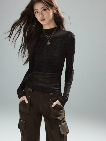 Low pixel Thin Street Slim Fit Faux Two Piece Crew Neck Women Nylon Long Sleeve T-Shirts