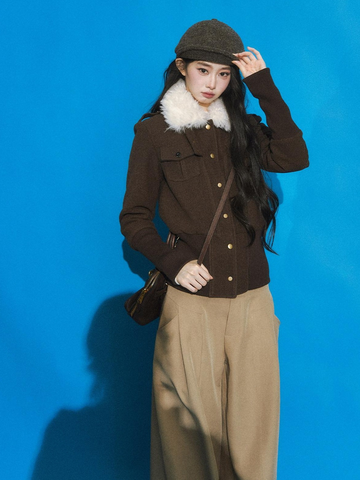 7Shiftin Slimming Casual Loose Fit Womens Brown Button Front Cropped Jackets