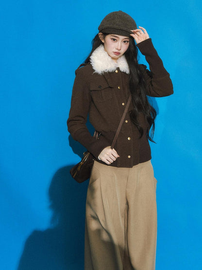 7Shiftin Slimming Casual Loose Fit Womens Brown Button Front Cropped Jackets