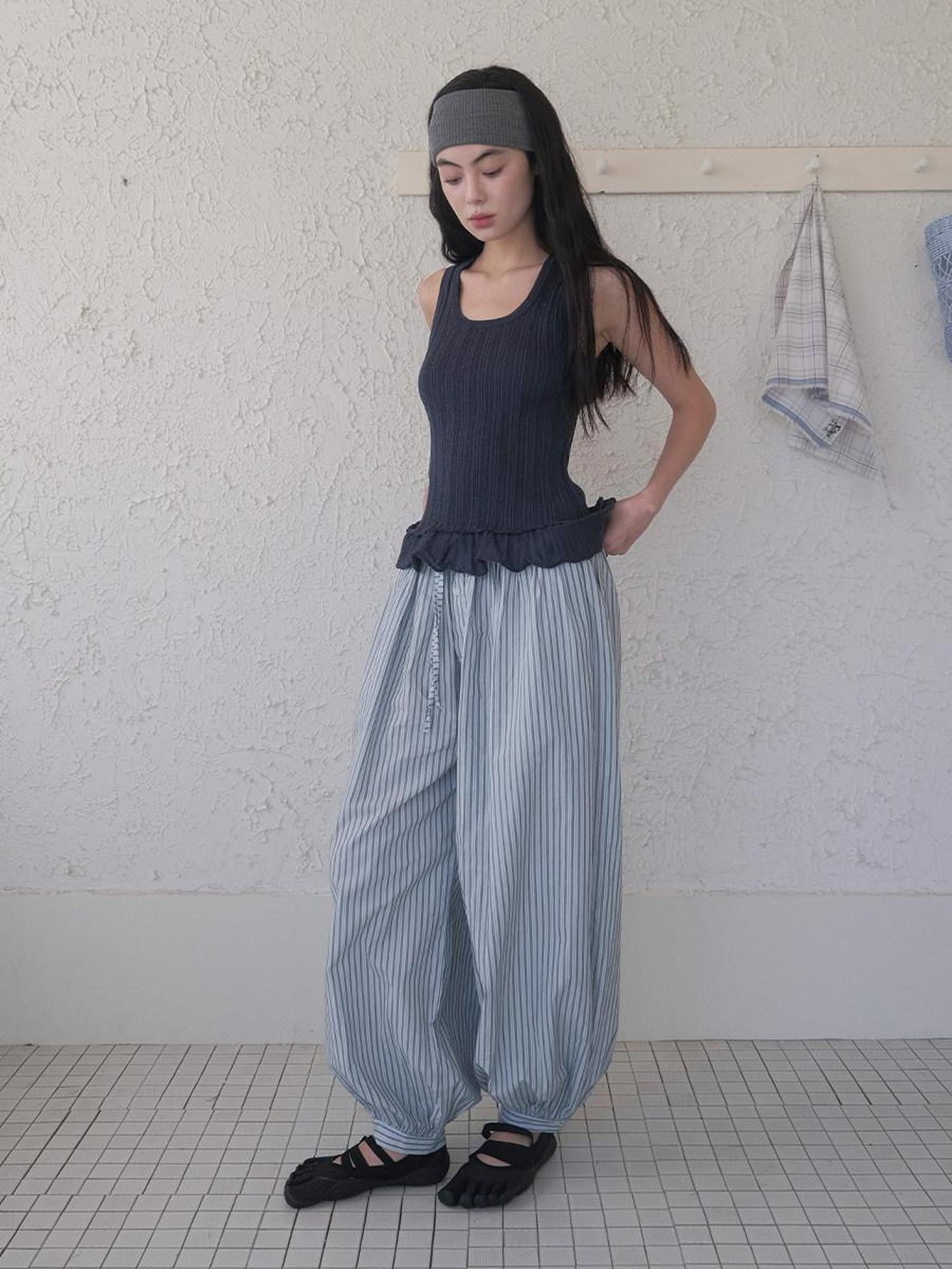 DKZ OFFICIAL Blue White Striped Relaxed Tapered Women&