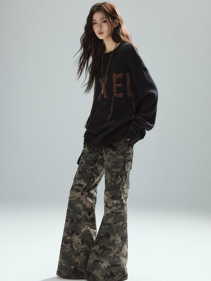 Low pixel Warm Oversized Street Style Distressed Hem Women Black Knit Pullover Sweaters