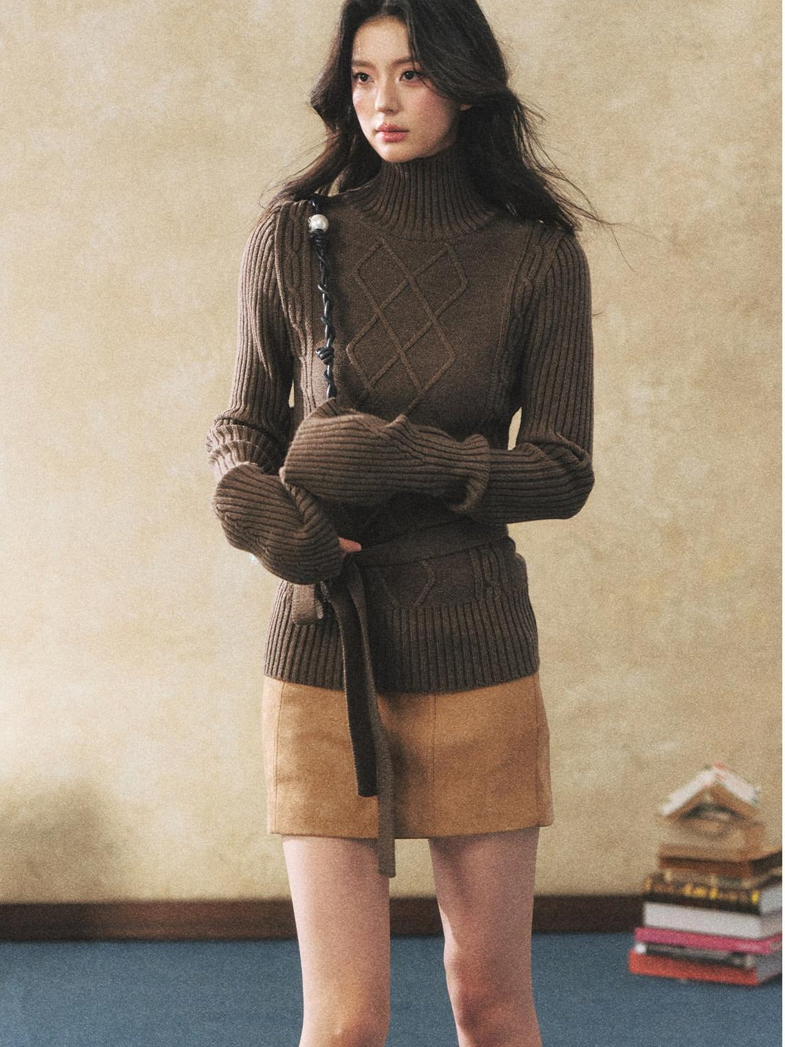 7Shiftin Cozy Belted High Neck Slim Fit Cable Diamond Knit Long Sleeve Women Sweaters