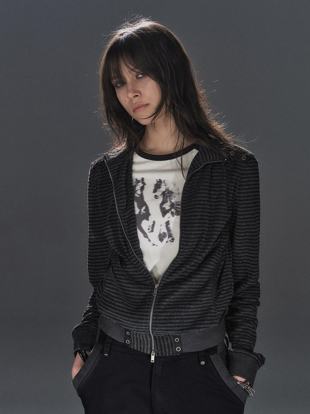 wear And tear Black Gray Striped Eyelet Tape Splice Punk Women&