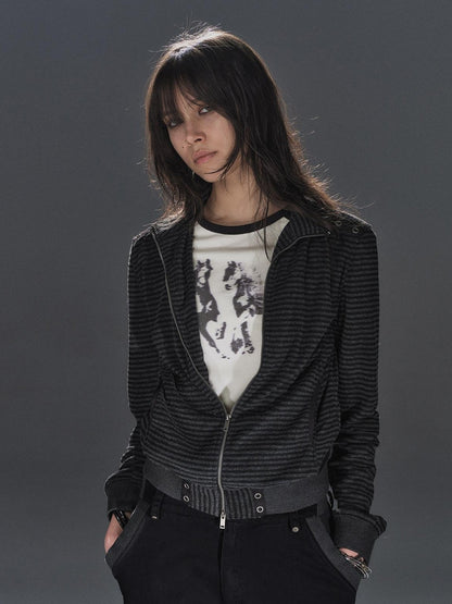 wear And tear Black Gray Striped Eyelet Tape Splice Punk Women&