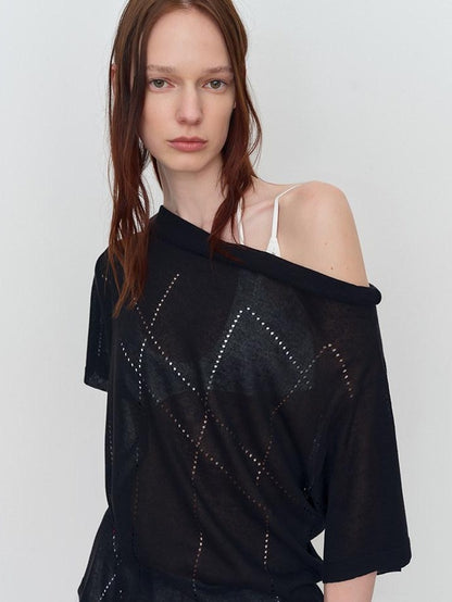 RUN TO THE FUTURE Viscose Knit Loose Cutout Slanted Neck Black Cross Print Short Sleeve T-Shirts