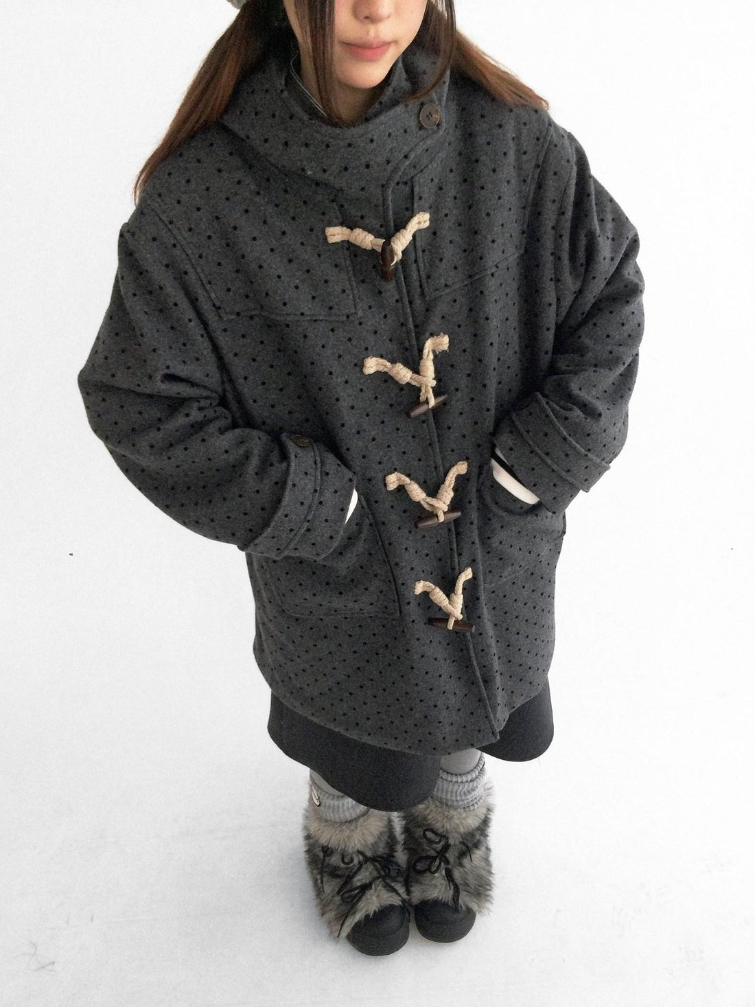 innomoood Brown Sugar Flocked Polka Dot Toggle Hooded Women&
