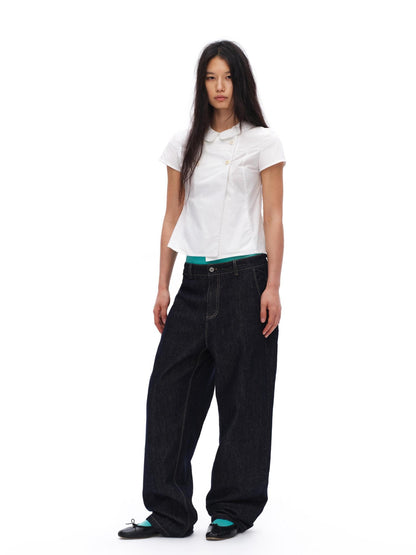 oinimi White Double Button Peter Pan Collar Slim Fit Short Sleeve Women&