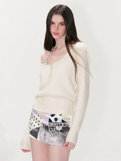 The NeverMore Soft Vintage Oversized Button V-neck Pullover Knit Wool Blend Girls Sweaters