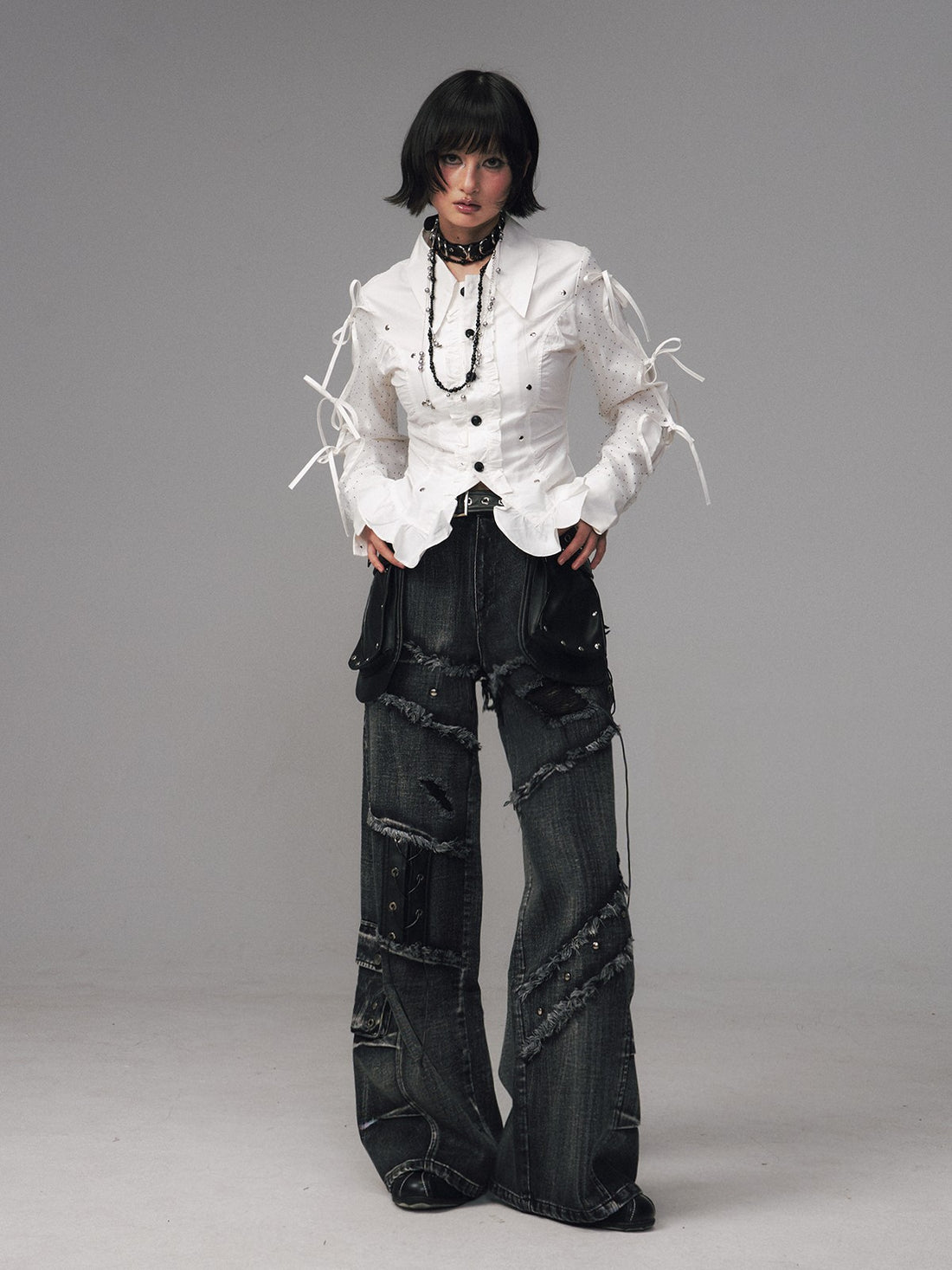 Frustration Garden Black Grey Street Punk Lace Up Frayed Rivet Women&
