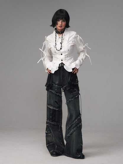 Frustration Garden Black Grey Street Punk Lace Up Frayed Rivet Women&