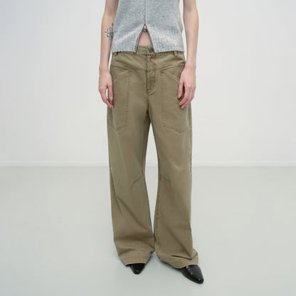 RUN TO THE FUTURE Washed Cotton Khaki Cargo Pockets Loose Mid Rise Zip Fly Casual Straight Pants