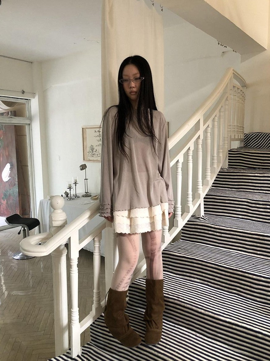ang project Mocha Sheer Mesh Layered Ruffle Round Neck Women&