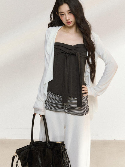 7Shiftin Two Piece V-neck Long Sleeve Casual Layered Set Women White Gray Blouses