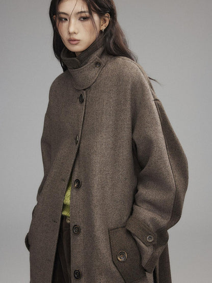 Low pixel Wool Blend Thick Colorblock Oversized Stand Collar Single Breasted Wool Coats