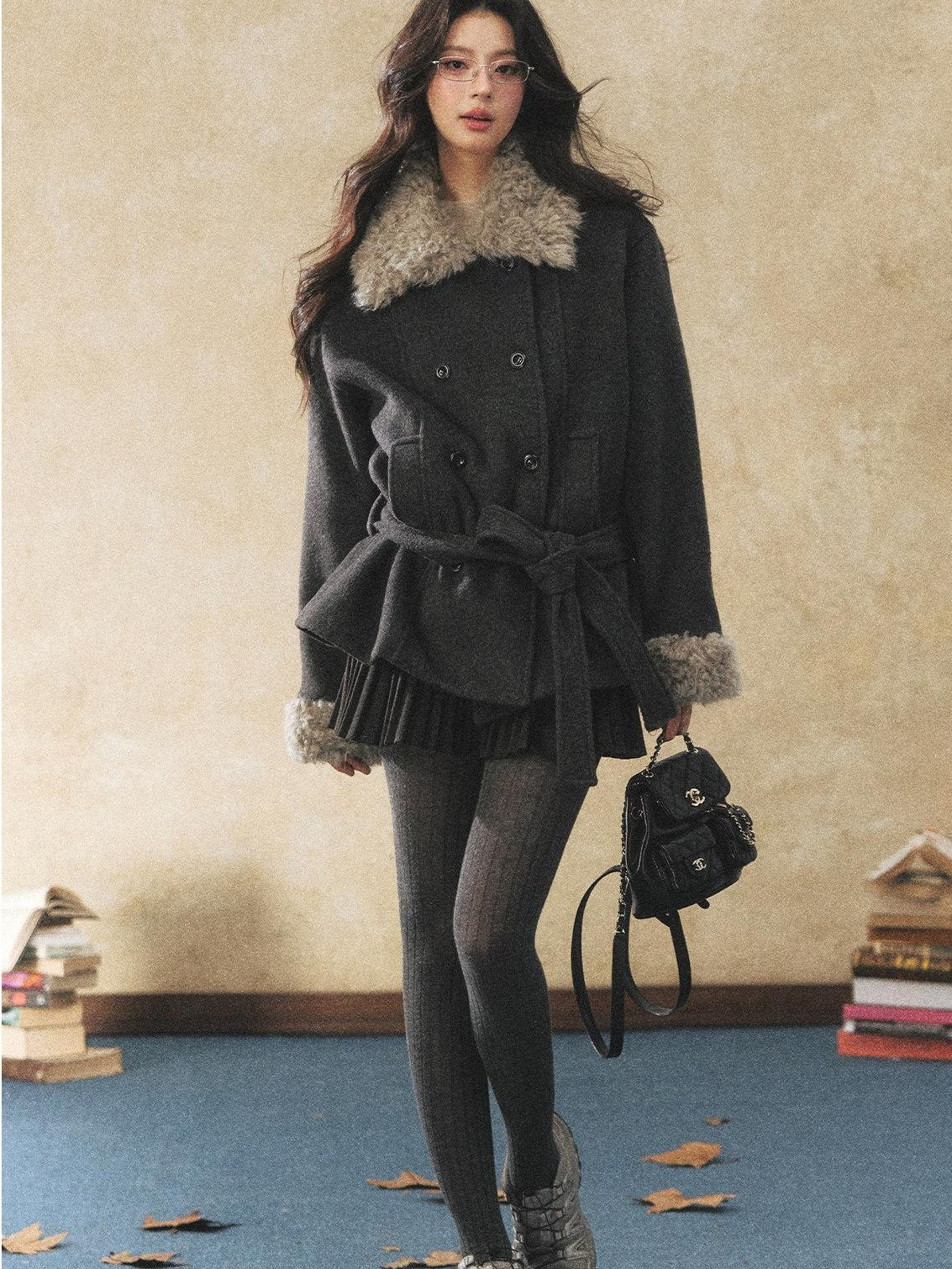 7Shiftin Warm Faux Fur Trim Casual Waist Double Breasted Women Deep Gray Short Coat