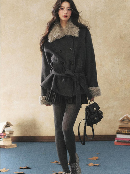 7Shiftin Warm Faux Fur Trim Casual Waist Double Breasted Women Deep Gray Short Coat
