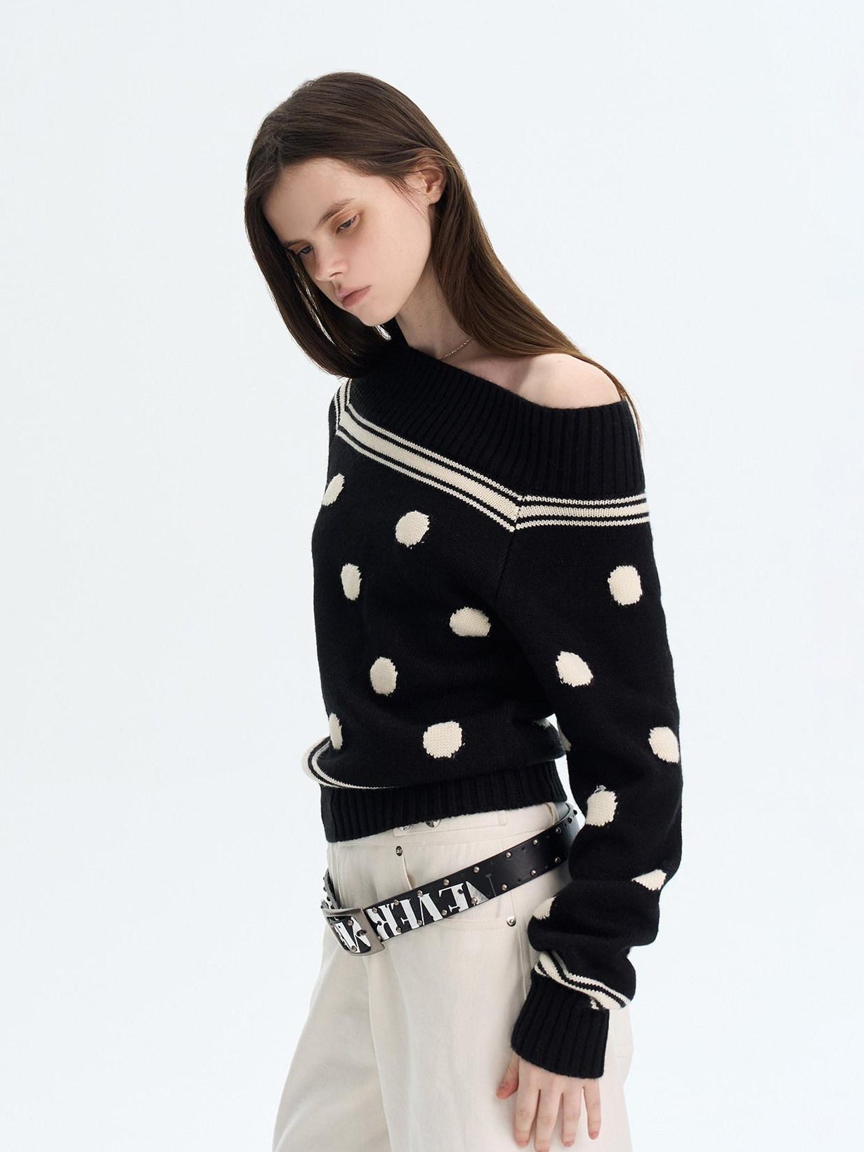 The NeverMore Cozy Thermal Acrylic Wool Polka Dot Boat Neck Relaxed Women Knit Sweaters