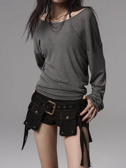 Low pixel Lyocell Blend Goth Fitted V-neck Striped Women Long Sleeve Crop Tops