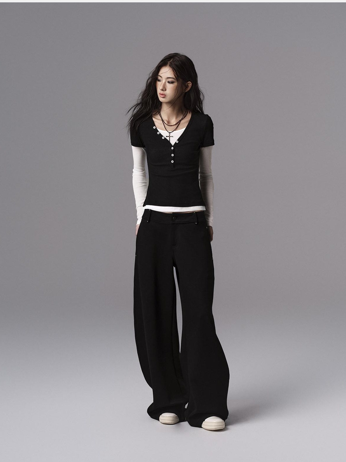 Low pixel Low Waist Dark Minimal Curved Button Fly Black Women Rayon Wide Leg Pants