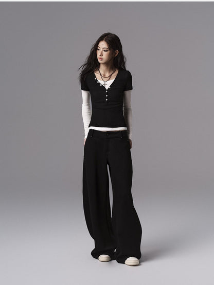 Low pixel Low Waist Dark Minimal Curved Button Fly Black Women Rayon Wide Leg Pants