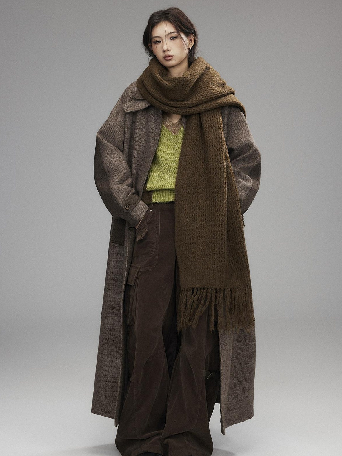 Low pixel Wool Blend Thick Colorblock Oversized Stand Collar Single Breasted Wool Coats