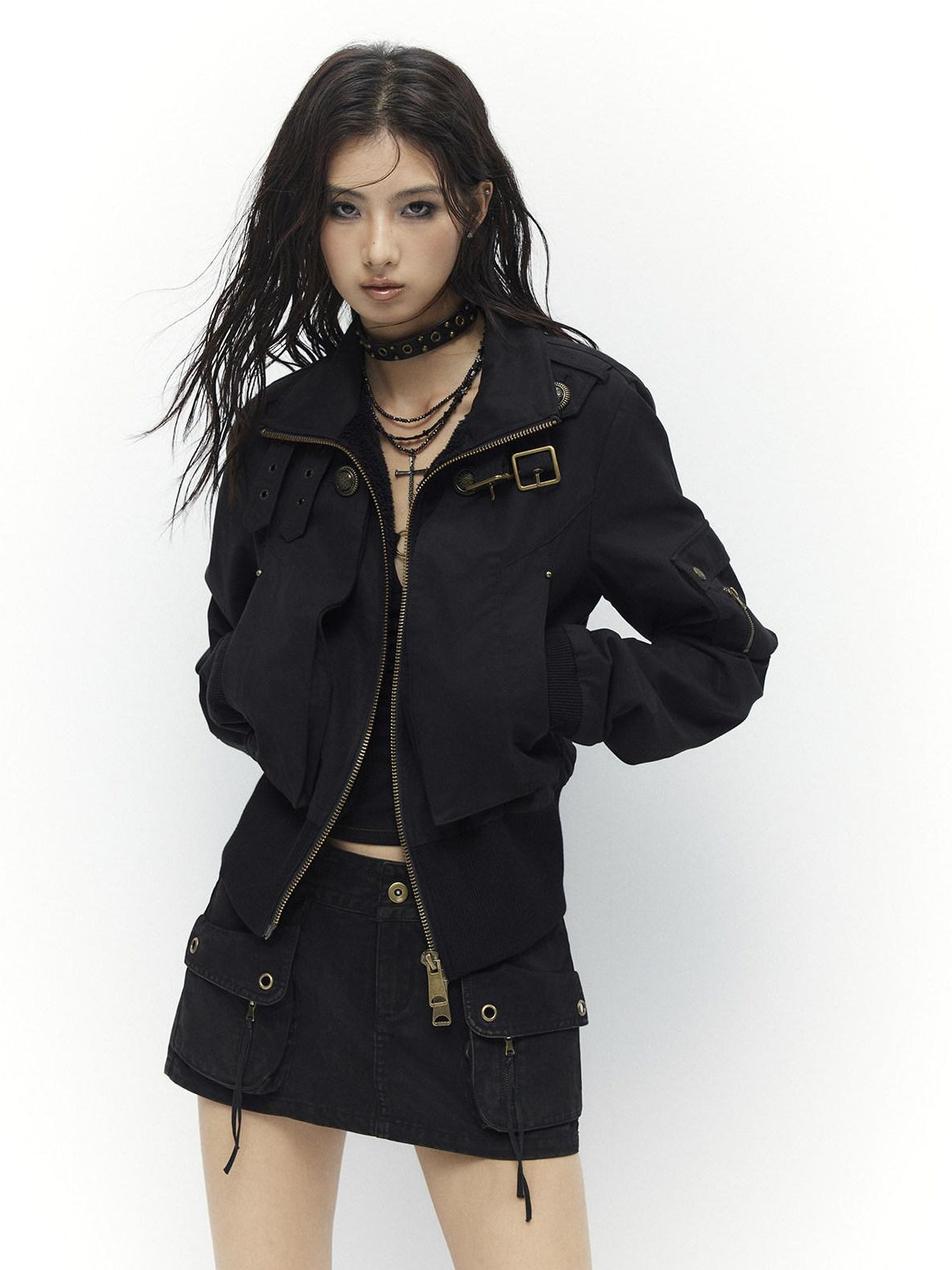 Low pixel Plush Lined Waist Cinch Dark Goth Slim Fit Women Zip High Collar Cropped Jackets