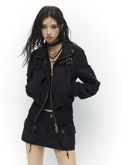 Low pixel Plush Lined Waist Cinch Dark Goth Slim Fit Women Zip High Collar Cropped Jackets