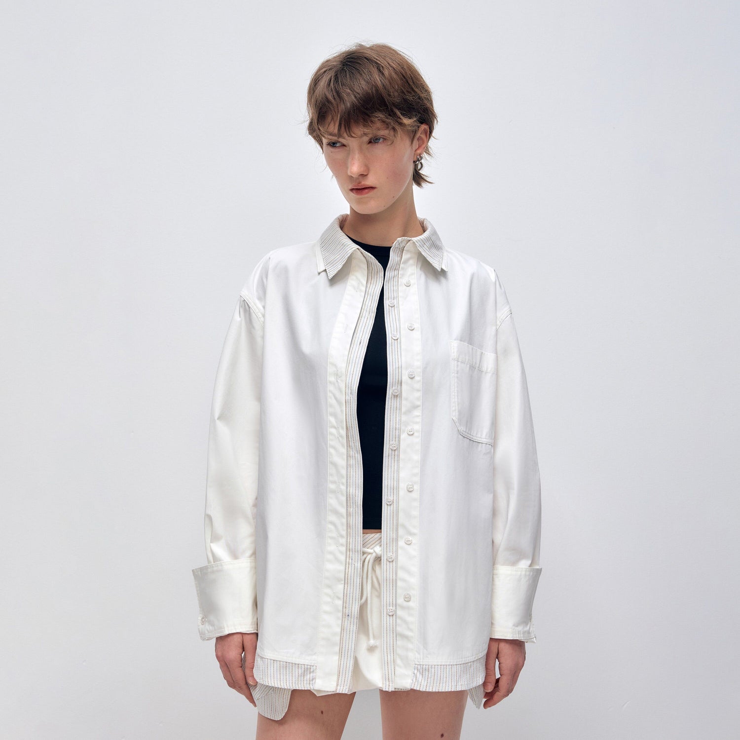 RUN TO THE FUTURE Cotton Long Sleeve Polo Button Minimalist Two Piece Women Antique White Shirts