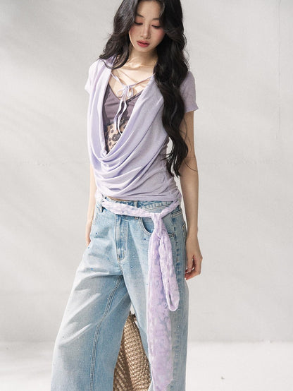 7Shiftin Purple Tie Front Relaxed Crew Neck Short Sleeve Casual Women Basic Crop Tops