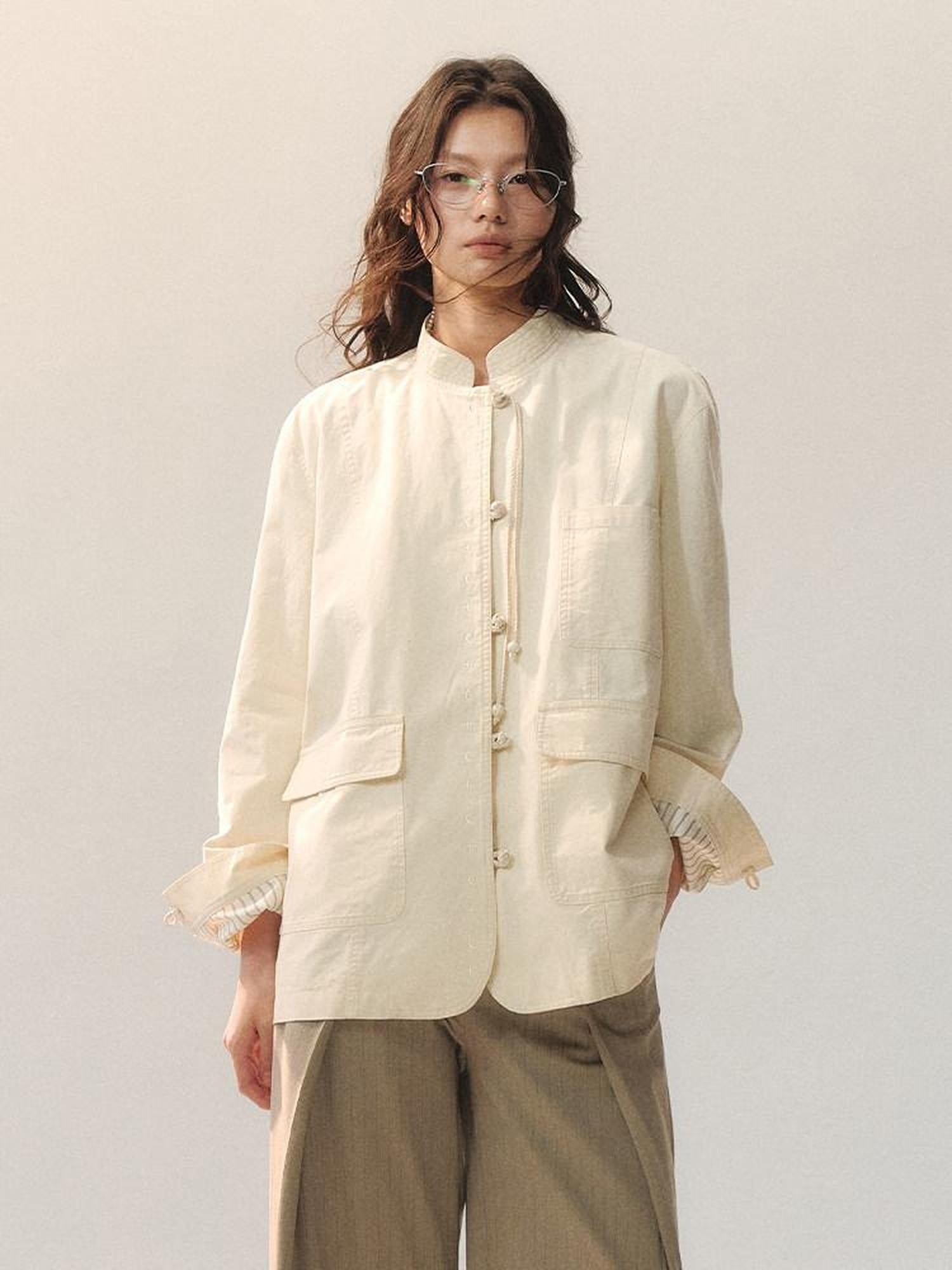 AnnoMundi 100 Percent Cotton Chinese Loose Fit Women Casual Beige Overshirts