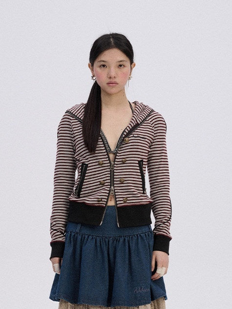 Achihara Soft Stretch Cotton Striped Cropped Hooded Zip Up Straight Fit Women Hoodies