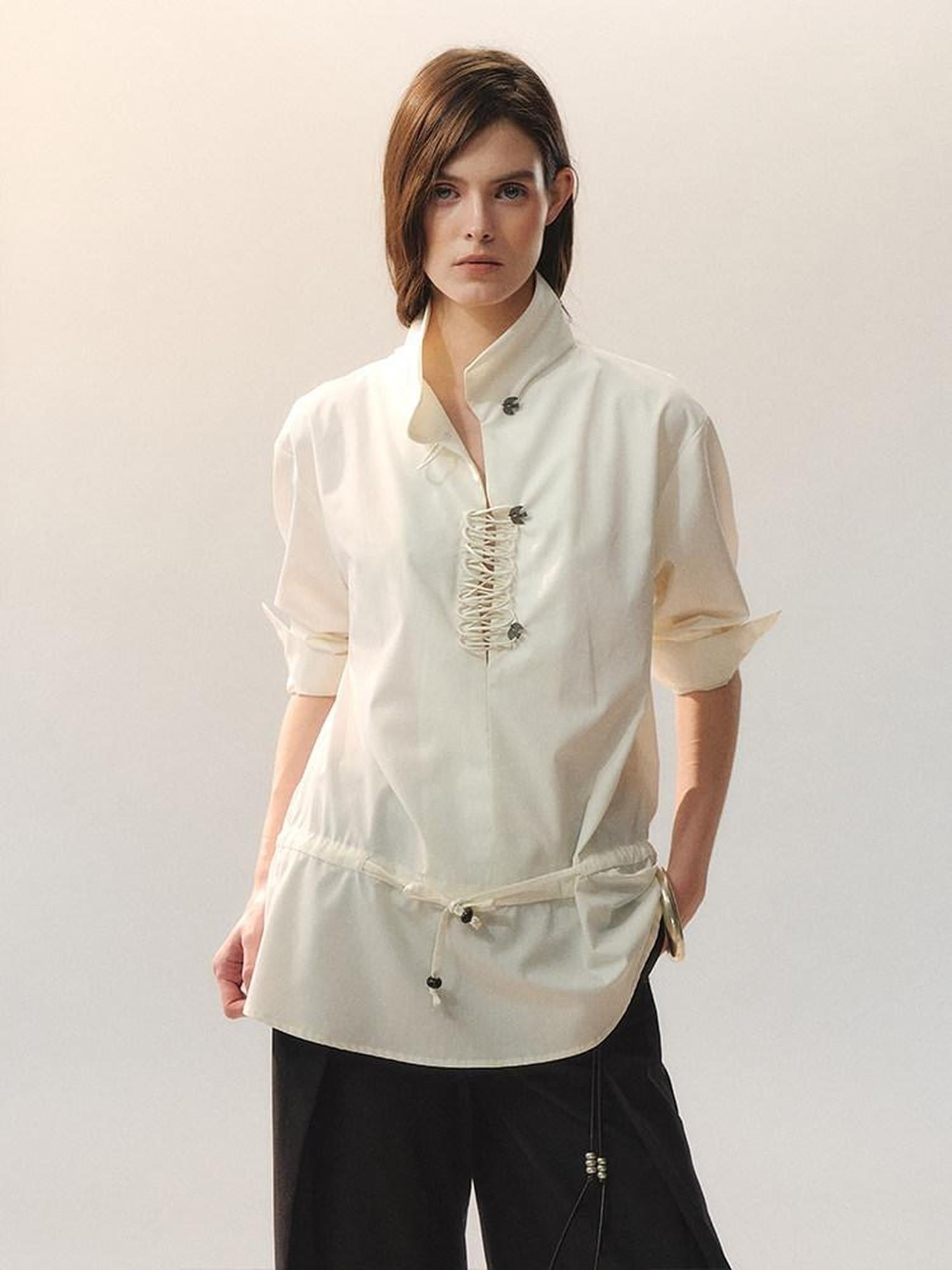 AnnoMundi Bamboo Blend Loose Fit Chinese Buttoned Long Sleeve Women Blouses