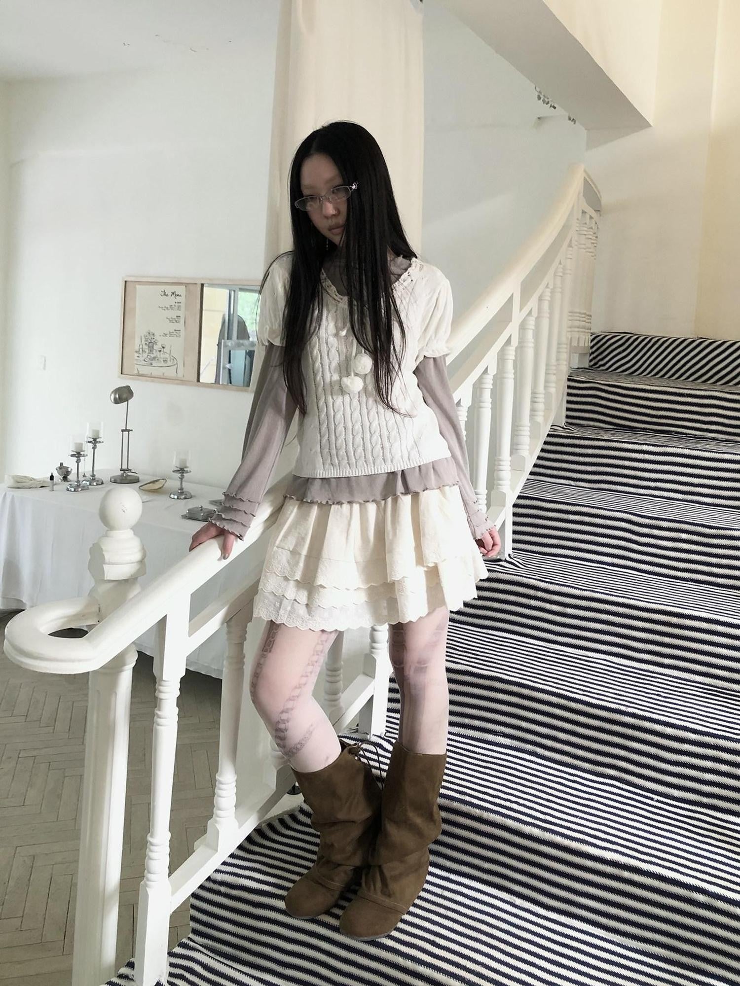 ang project Light Apricot Lace Spliced Embroidered High Waist Elastic A Line Women&