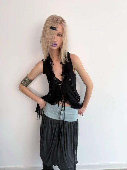 DoublePunch Ruffled Patchwork Slim Fit Vintage Blazer Sleeveless Women&