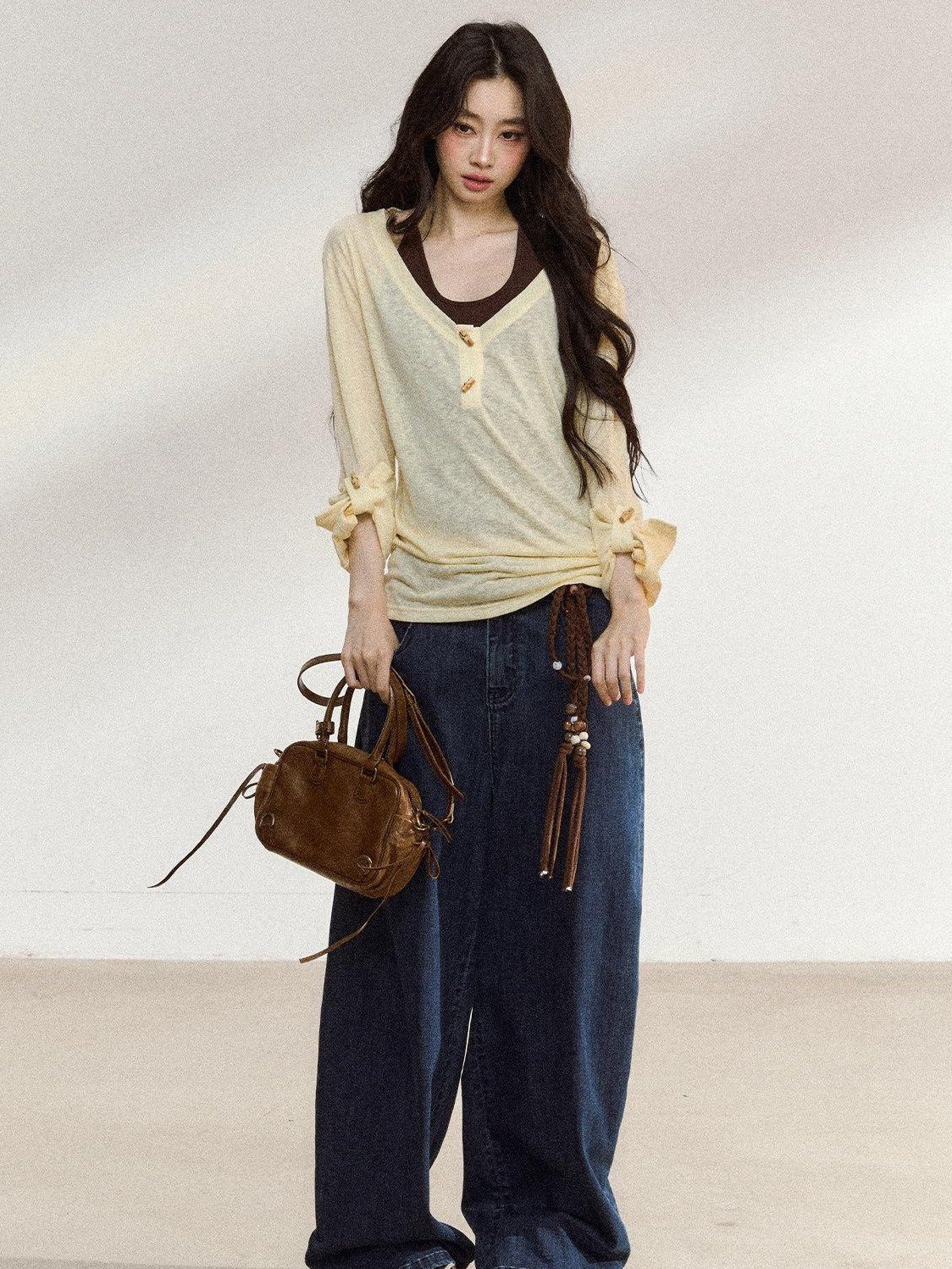 7Shiftin Layered Two Piece Casual Round Neck For Women Cami Coverup Long Sleeve T-Shirts