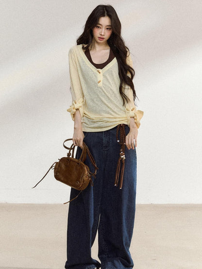 7Shiftin Layered Two Piece Casual Round Neck For Women Cami Coverup Long Sleeve T-Shirts
