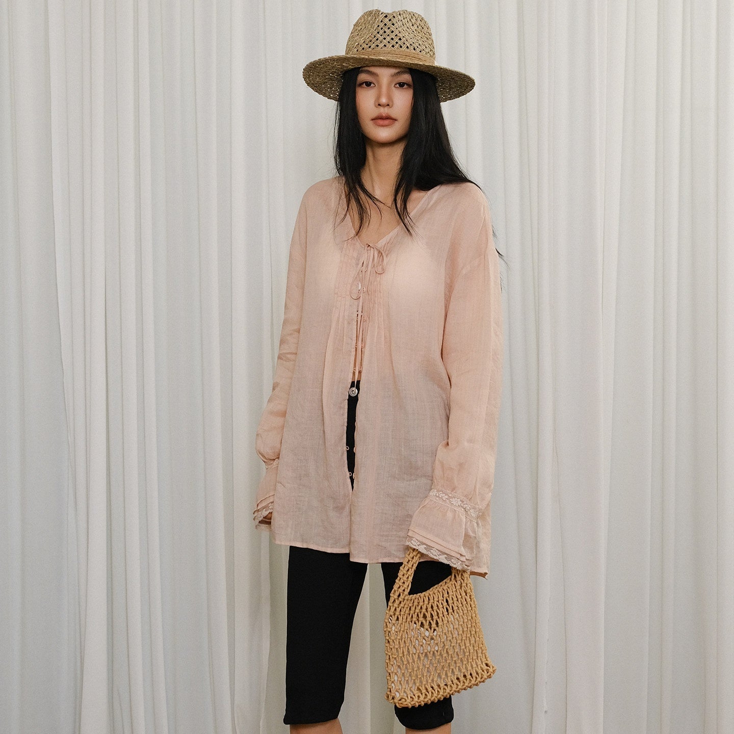 FU_FRESH_UP_French_Lace_Tie_Woven_Long_Sleeve_Loose_Mid_Length_Women&