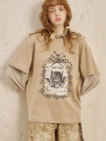 DIDDI MODA Angel Kitten Print Faux Layered Loose Women&