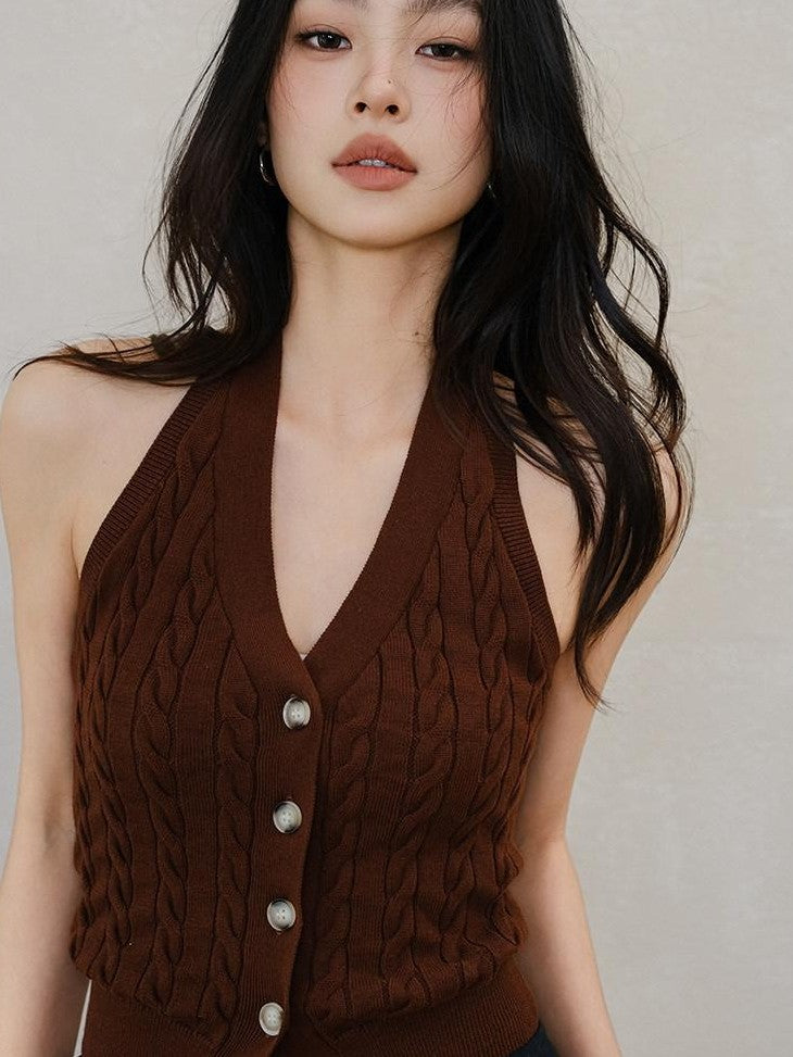 FU FRESH UP Cable Knit V-neck Backless Slimming Women&