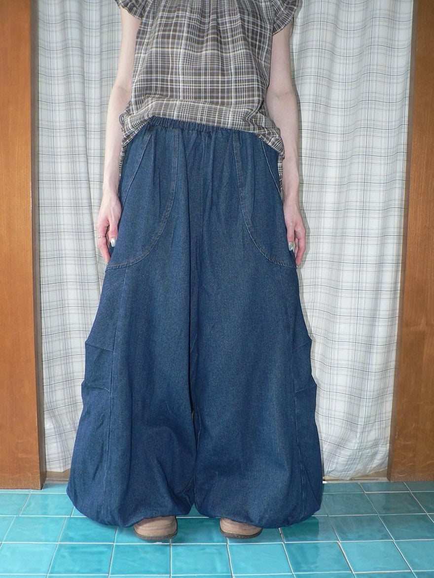 ang project Deep Blue Vintage Pleated Elastic Waist Loose Fit Women&
