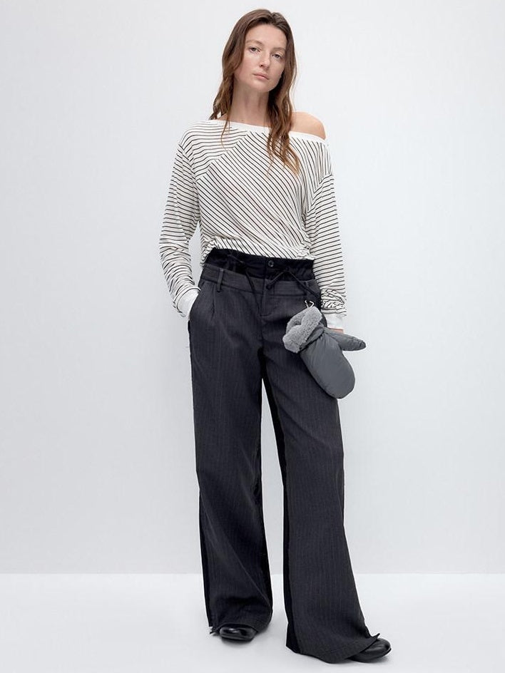 RUN TO THE FUTURE Double Waist Low Rise Pocketed Zipper Fly Women Black Gray Straight Pants